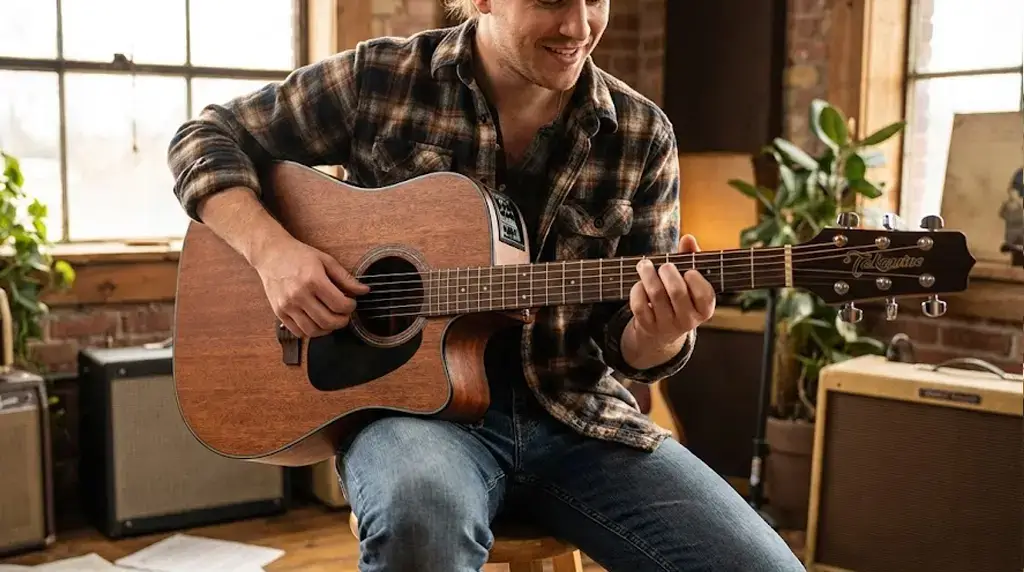 Músico tocando violão Takamine GD11 MCE em ambiente acústico